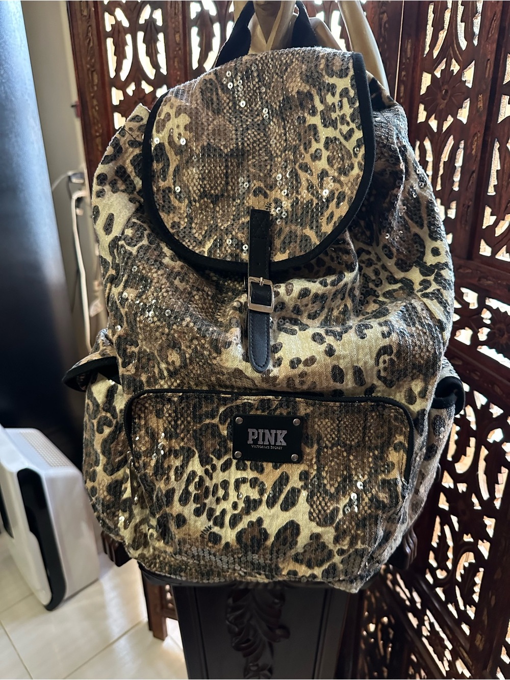 PINK Sequin Leopard Print Backpack